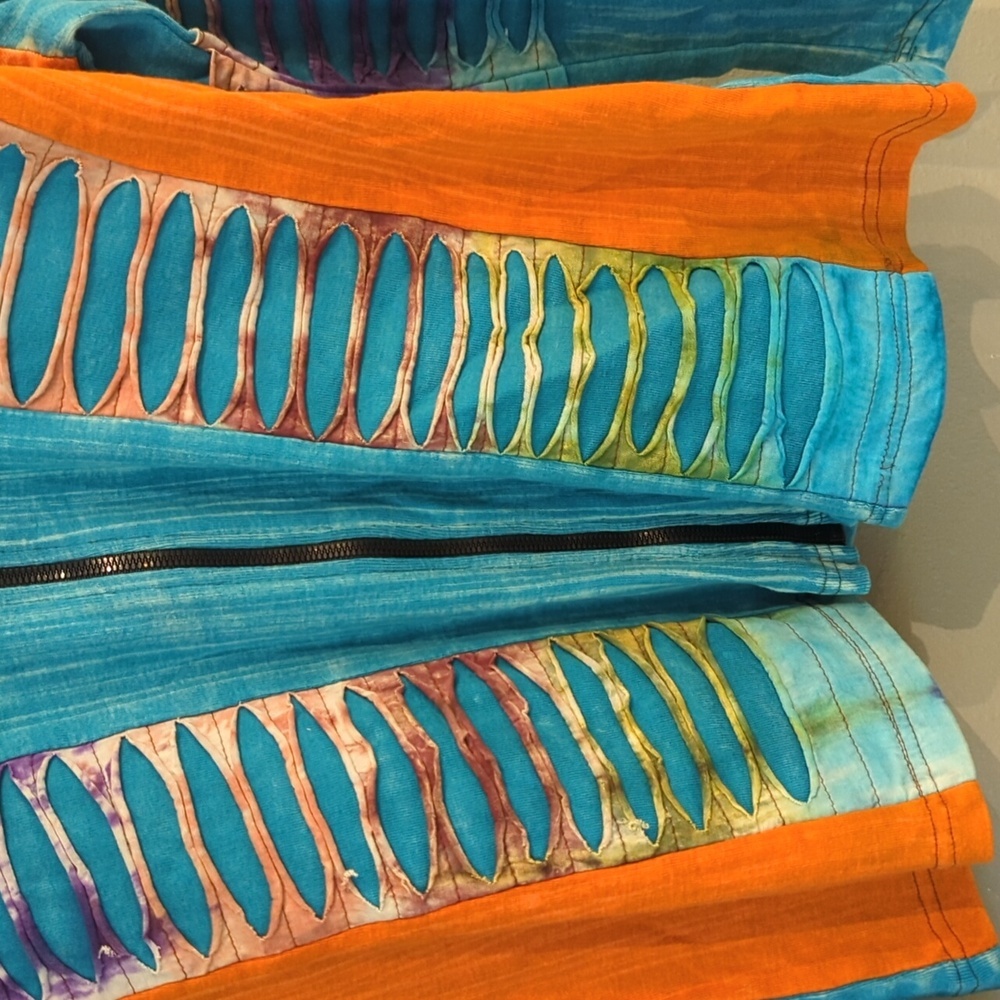 Rising International Boho Blue Orange Art to Wear Tie Dye Full Zip Hoodie - Picture 6 of 12